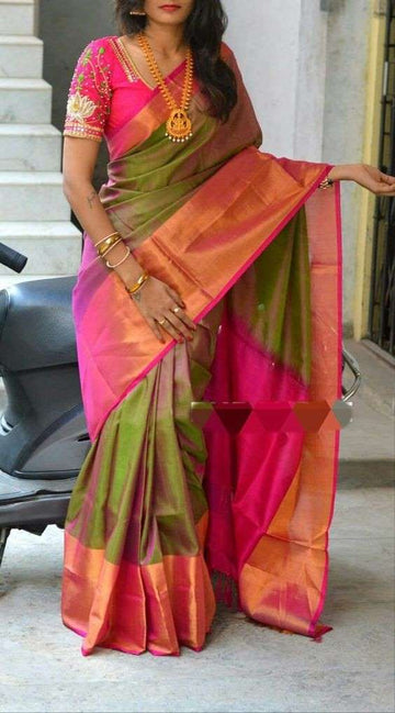 UPPADA SILK SAREE GreenWith Pink Color